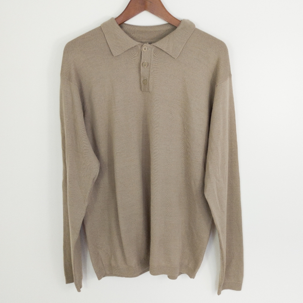 Denver Hayes 100% Merino Wool Polo Sweater Tan Size Medium